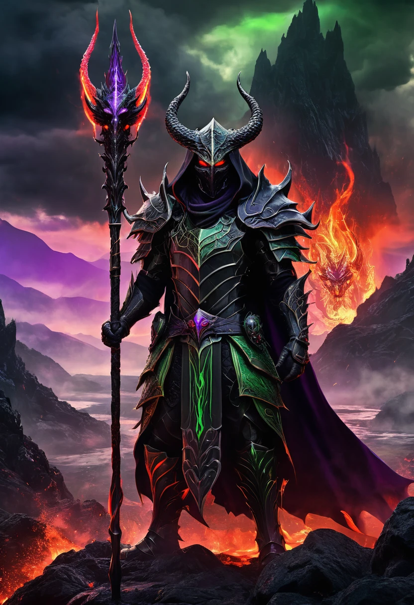 a powerful and terrifying fantasy spirit character stands in the middle, wearing elaborate armor with sharp designs and red accents, wearing a cloak with a dark smoky black hoodie. This character holds a long staff decorated with a glowing dragon skull and emits green, purple, black flames at the tip.. Behind the character is a dark and eerie landscape with jagged mountains under a stormy sky., with lava flows and scattered fire giving the scene a hellish glow., black smoke, purple and green around the main character envelops the Shadow of evil creatures visible in the background, shows an army of evil creatures ready to follow this formidable leader.