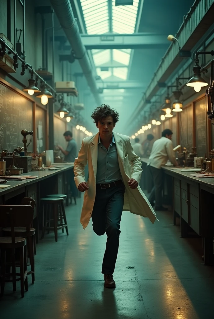 Movie screen grab, a young physicist (James Dean) , rushes through a dimly lit, bustling laboratory filled with chalkboards and complex machines. In the style of 1950's Panavision 70 retro movies. Highly detailed background