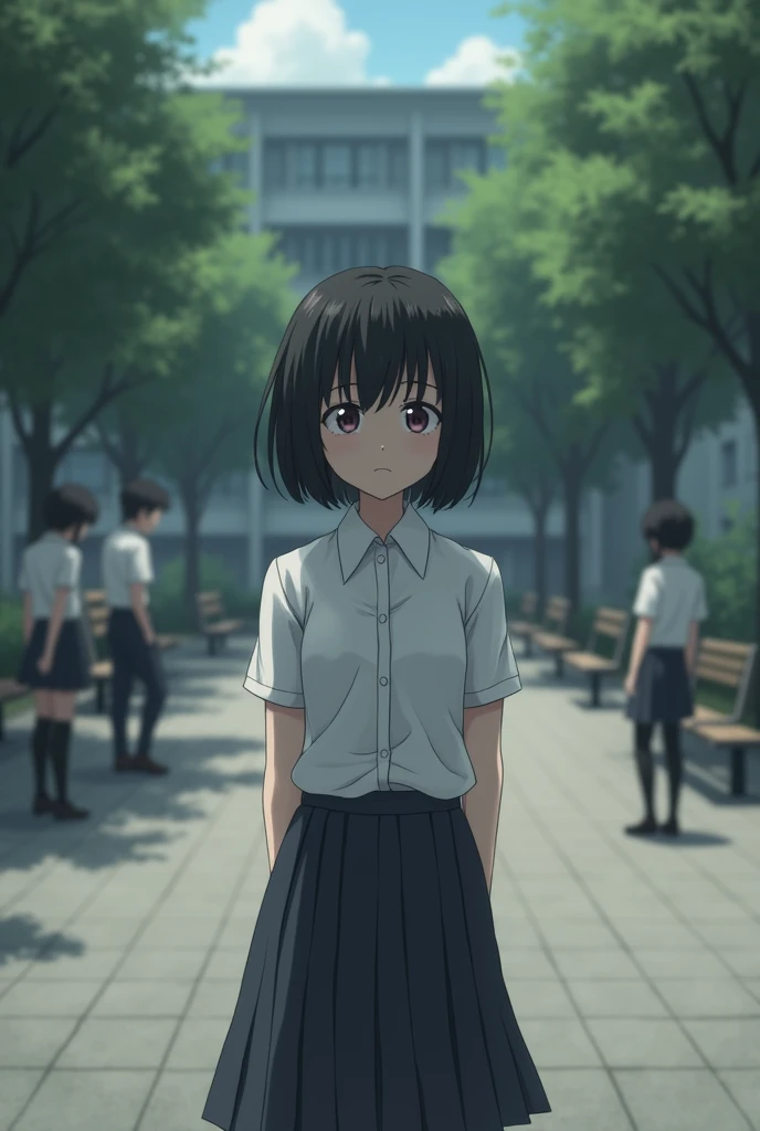 Sad black short hair teen girl in school uniform walking away from her friends.in the background a schoolyard