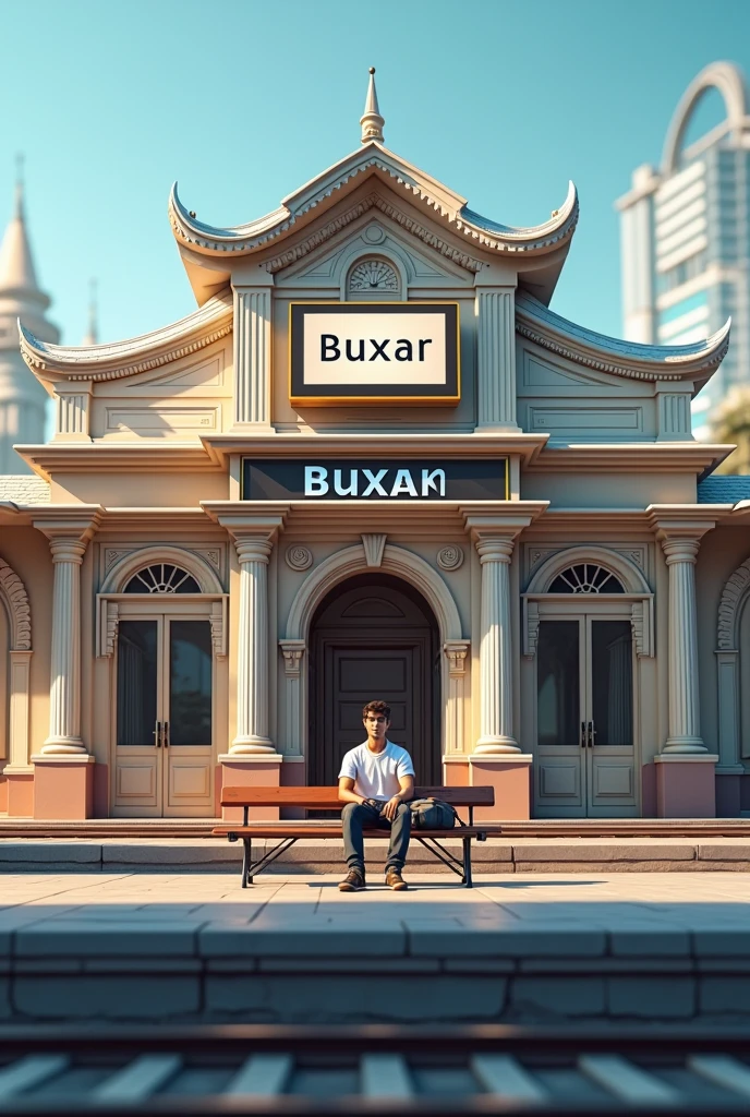 "Design a 3D model of a beautiful railway station named 'Buxar,' with the station's name prominently displayed on both a large TV screen and a traditional board. The architecture should feature a blend of modern and classic styles, with clean lines, detailed structures, and a well-maintained platform. The TV screen should be large and clearly display 'Buxar,' while the board complements it with a bold and clear font. The scene is set in daylight, highlighting the station's vibrant atmosphere and the surrounding tracks." A 21 years boy is waiting for train and sitting on bench with his bag.