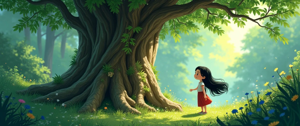 A black hair girl who find a big old three who can speak in 2d animation