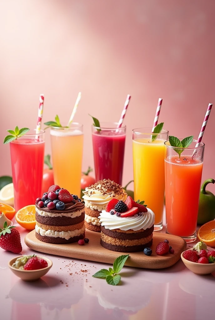 Create an image related to cakes and juices for a company that is eye-catching and makes you want to go buy from that store