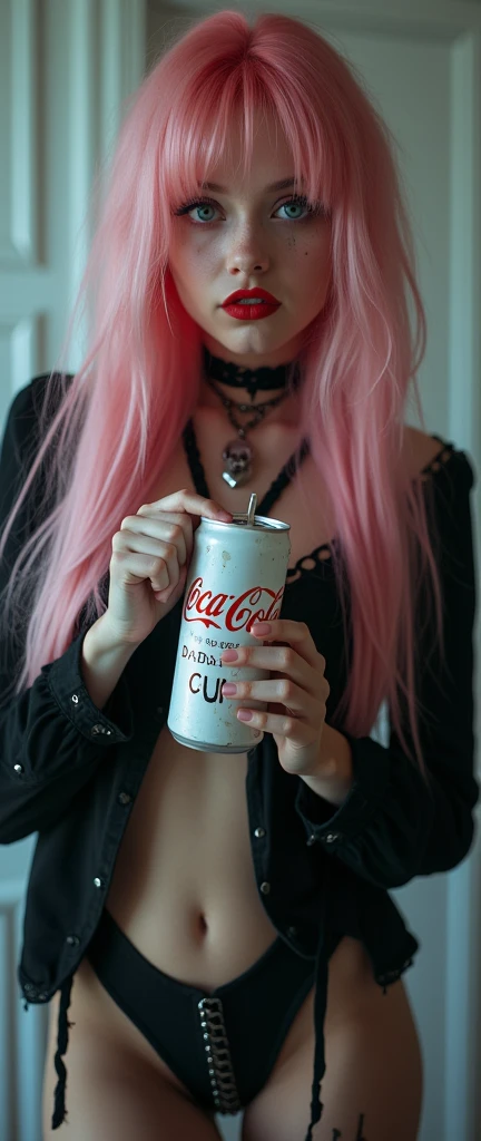 (best quality, ultra-detailed, photorealistic: 1.6), An cinematic photo an goth girl with bright and vibrant colors, studio lighting, romantic expression, with a delicate and beautiful face. Beautiful Teen gothic girl with her with long pink hair matches the gothic makeup, (Skinny anorexic body:1.9), long skinny legs, small tits, (flat chested), her ice blue eyes and mischievous black parted lips, with small seductive breasts, cleavage, Punk-style Gothic dark pink hair, skull necklace, Big beautiful eyes, bright ice white eyes, sparkeling white blue eyes, dark goth make up, super long eye lashes , goth. She have a horny face, Pink red Lipstic, ( she is holdling an White Coca cola can with the TEXT " CocaCola Daddys CUM"), White Cola can; beige white cocacola can, white tranlusant goo slime is dripping from here mouth, and dripping down och the white cocacola can, the can is wet and with lots of white tranlusent goo, like a manwha character, chain details,, walking in leaning pose in the apartment hallway, seductive cleavage, photorealitic, fully body, like a manwha character