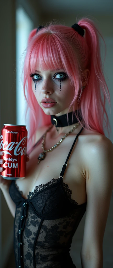 (best quality, ultra-detailed, photorealistic: 1.6), An cinematic photo an goth girl with bright and vibrant colors, studio lighting, romantic expression, with a delicate and beautiful face. Beautiful gothic girl with her with long pink hair matches the gothic makeup, (Skinny anorexic body:1.9), long skinny legs, small tits, (flat chested), her ice blue eyes and mischievous black parted lips, with small seductive breasts, cleavage, Punk-style Gothic dark pink hair, skull necklace, Big beautiful eyes, bright ice white eyes, sparkeling white blue eyes, dark goth make up, super long eye lashes , goth. She have a horny face, Pink red Lipstic, ( (she is holdling an white Coca cola can with the TEXT " CocaCola DADDYS CUM")), White Cola can, beige white cocacola can, ( white translucent goo slime is dripping from here mouth), (white translucent goodripping down och the white cocacola can), translucent liquid dripping down, the can is wet and with lots of white tranlusent goo, like a manwha character, chain details,, walking in leaning pose in the apartment hallway, seductive cleavage, photorealitic, fully body, like a manwha character