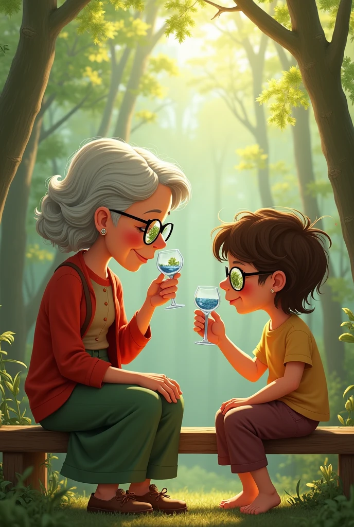 Generate an image of an old lady and a little child sitting on a bench together. Both are in the process of cleaning their eyeglasses. Through the lenses of the old lady's glasses, she sees a world filled with greenery and lush nature. In contrast, the child's glasses reveal a world where trees are absent, depicting a barren or deforested landscape.