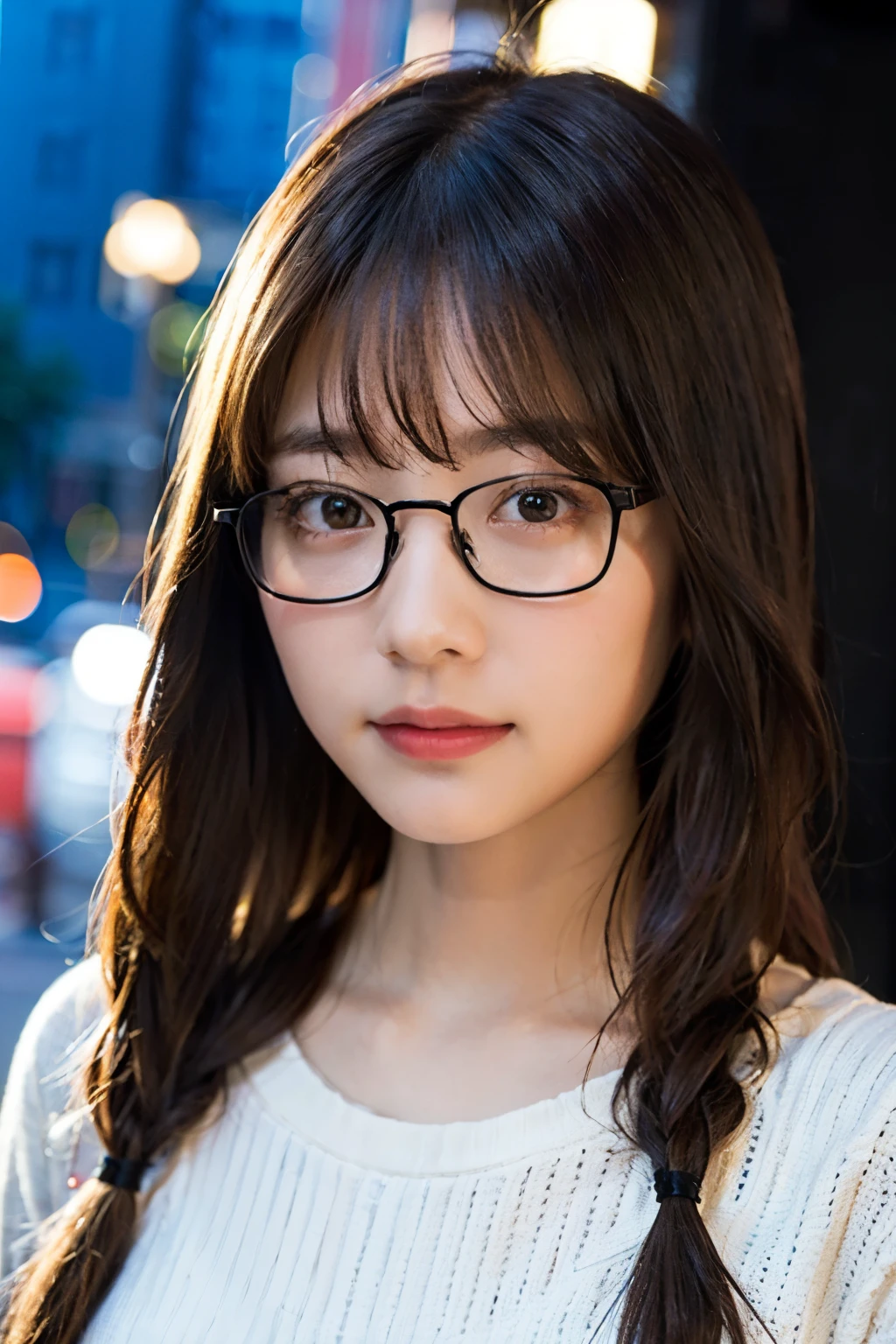 (8K、Raw photography、top-quality、masterpiece:1.2)、(realisitic、Photorealsitic:1.37)、ultra-detailliert、超A high resolution、1人、see the beholder、beautifull detailed face、A smile、Constriction、(Slim waist) :1.3)、White summer clothes、Beautiful detailed skin、Skin Texture、Floating hair、Braided hair、Professional Lighting、Downtown at night、((Black square glasses )) 、Whole human body、Brown hair