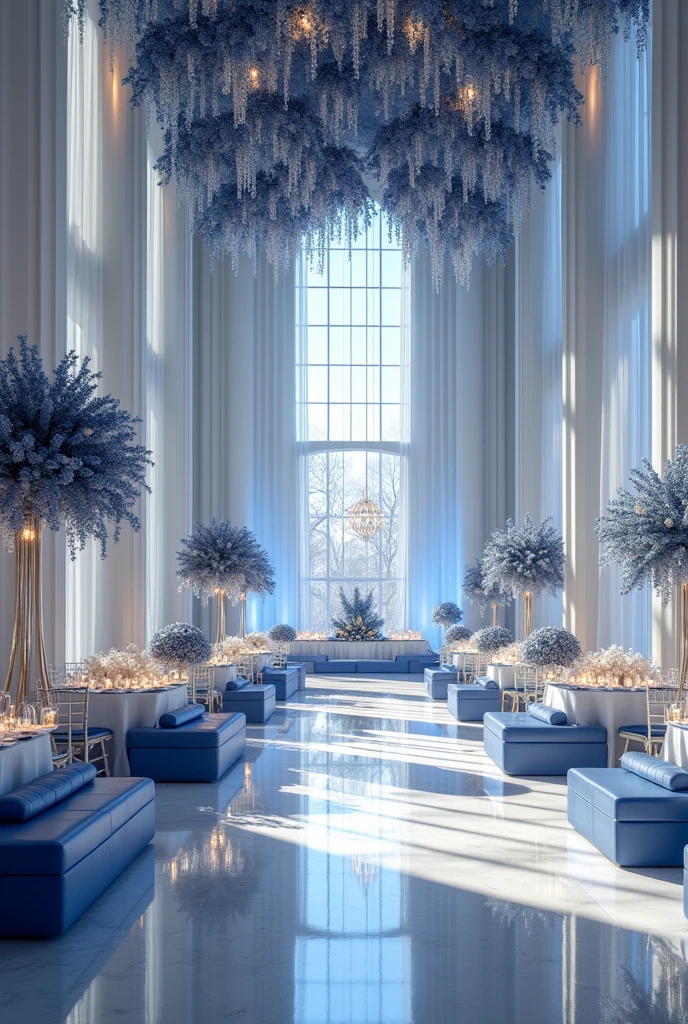 Imagine a event where the whole decoration is with white and navi blue
