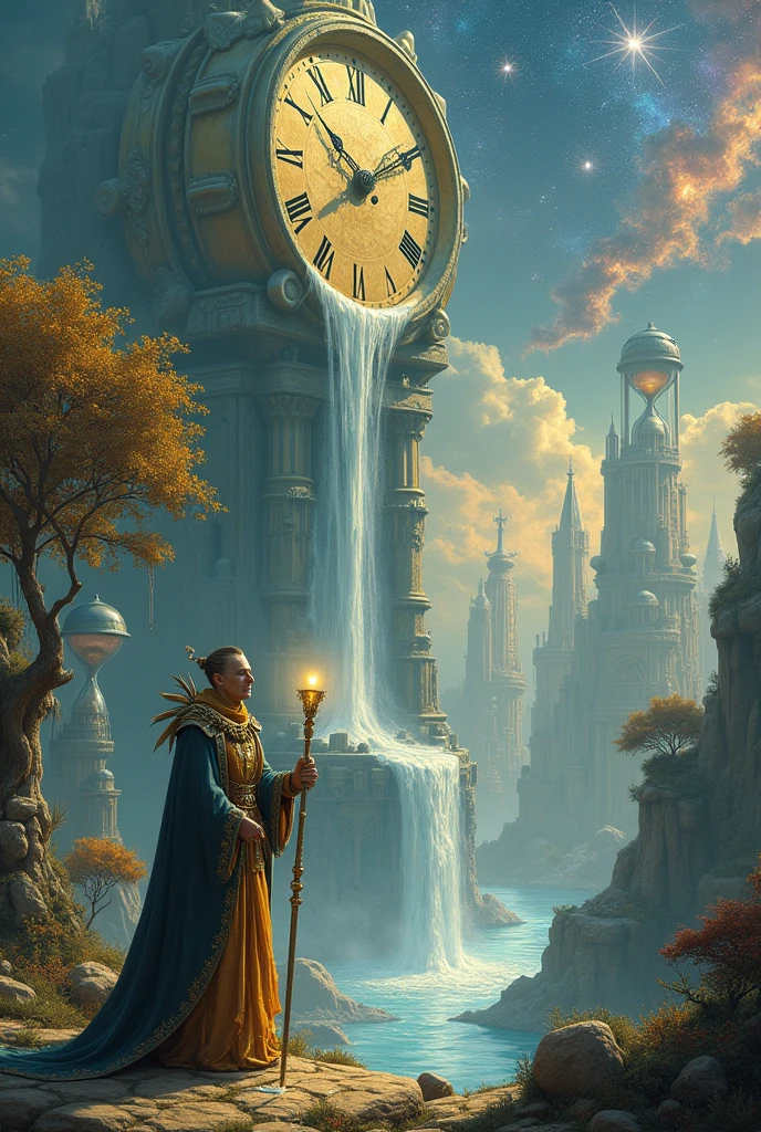  "A surreal landscape where time itself appears to be fluid and tangible. The scene features an enormous, ancient clock with its hands melting like wax, blending into the surroundings. The clock is set against a backdrop of a floating, crystalline city where skyscrapers are made of shimmering, translucent materials that refract light into a spectrum of colors. Giant, ethereal hourglasses float in the sky, their sands suspended mid-fall, creating cascades of golden and silver grains that flow in slow motion. In the foreground, a river of liquid time winds through the landscape, with ripples distorting reality as they pass. Along the riverbanks, trees with clockwork branches and leaves of polished metal grow, while peculiar creatures resembling a mix of mechanical and organic elements wander around, interacting with the environment. The sky is a swirling mix of nebulae and galaxies, with the passage of time visible in the changing constellations and cosmic patterns. A figure dressed in an elaborate robe adorned with timepieces stands at the edge of the river, holding a staff that emits beams of light, controlling the flow of time in this mesmerizing and otherworldly dreamscape."