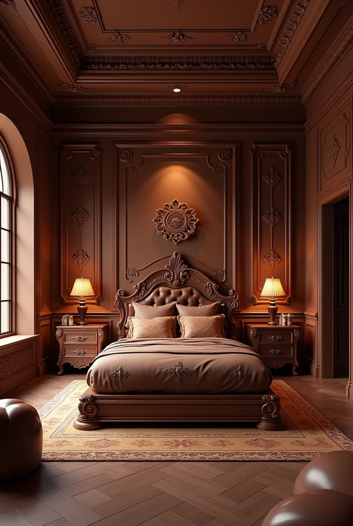 absurderes, high resolution, ultra detaild, HDR, Masterpiece artwork, best qualityer, ultra realisitic, room made of chocolate, furniture made of chocolate, chocolate world, bed made of chocolate, covered in chocolate, without person, no animals, place lit with chocolate light