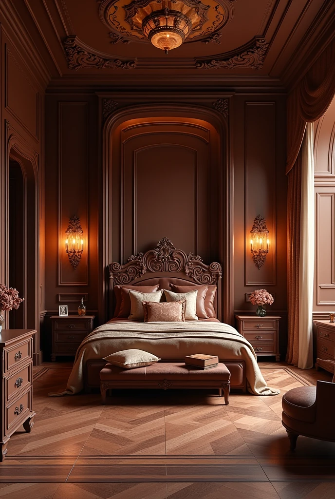 absurderes, high resolution, ultra detaild, HDR, Masterpiece artwork, best qualityer, ultra realisitic, room made of chocolate, furniture made of chocolate, chocolate world, bed made of chocolate, covered in chocolate, without person, no animals, place lit with chocolate light