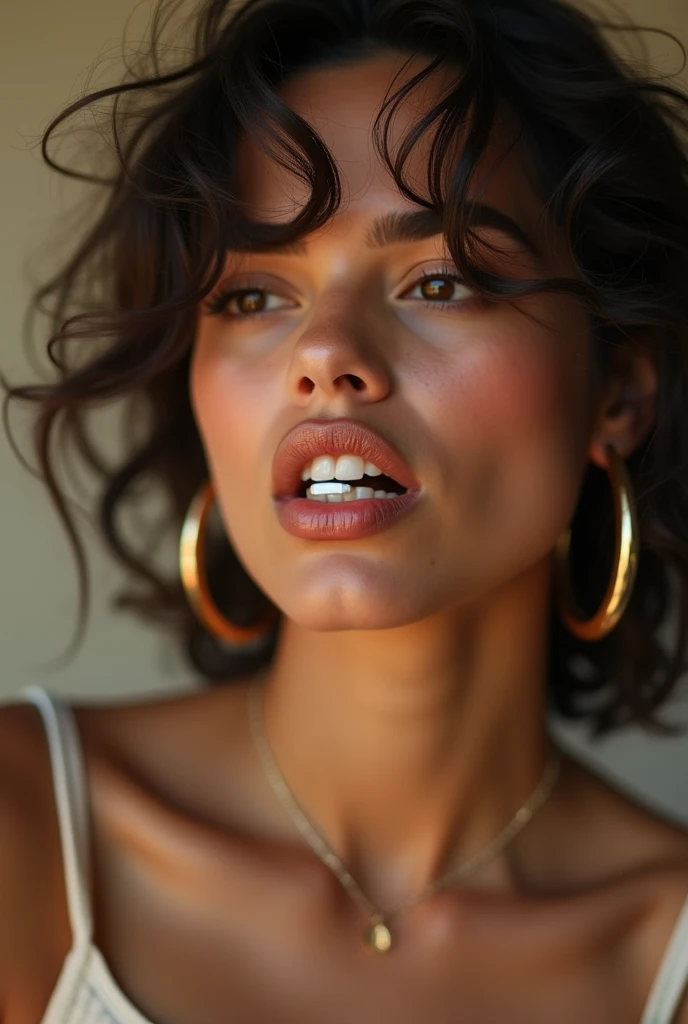 young woman, large gold hoop earrings, squinting, mouth opened, Cocaine