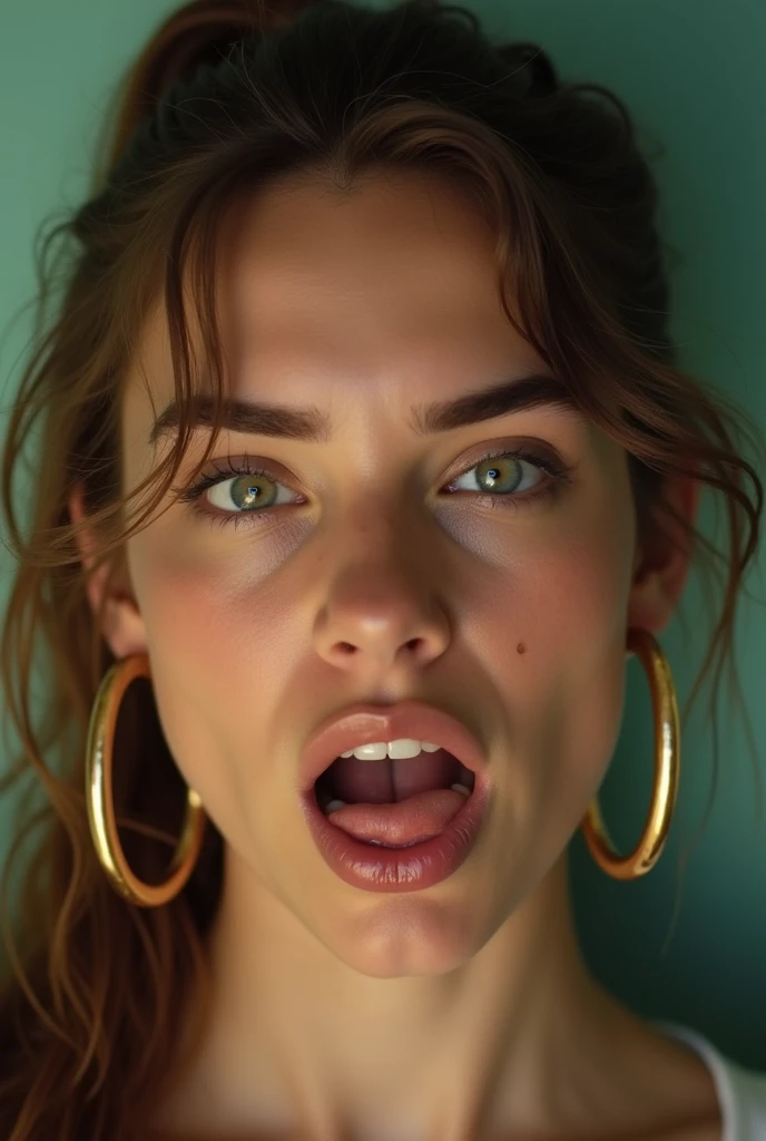 young woman, large gold hoop earrings, squinting, mouth opened, Cocaine