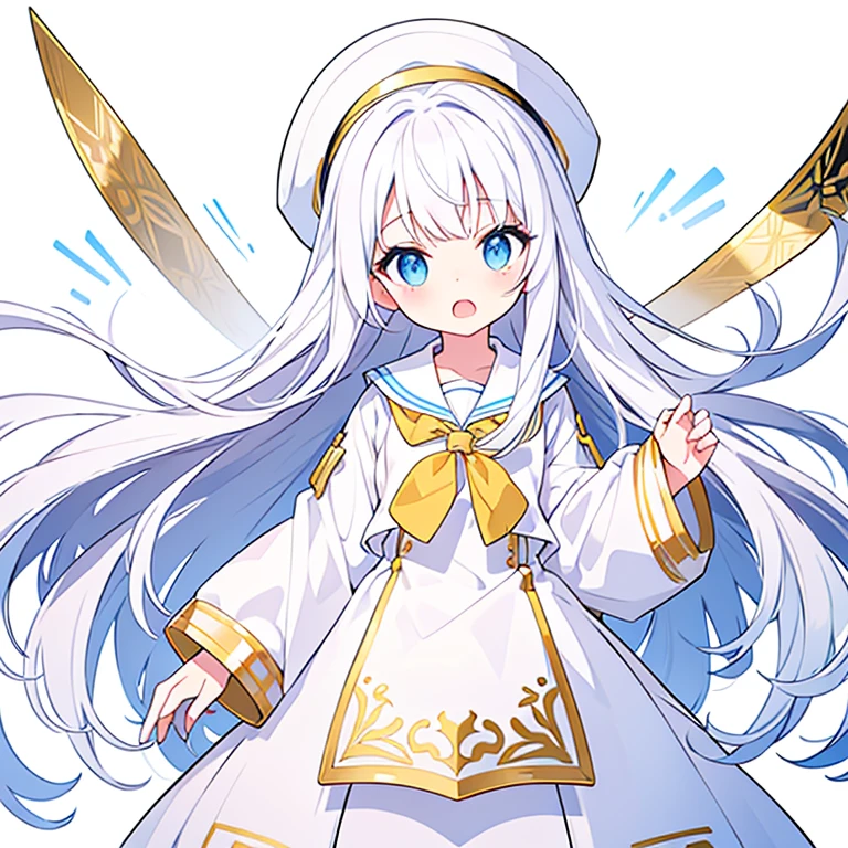 Mouth open、There is a gap on the top of the hat、Pure white background、Standing still、Hands at sides、White hat with gold decoration、Long white hair、Sailor&#39;White uniform