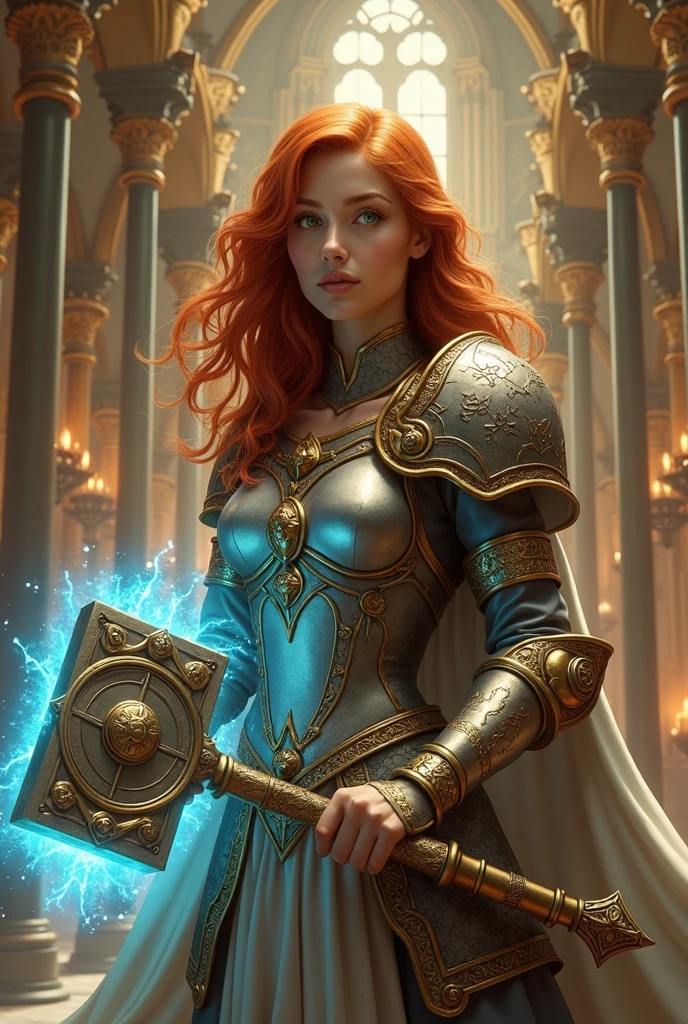 The image depicts an imposing woman in a setting reminiscent of a cathedral or grand royal hall., with luxurious gothic architecture. The central character has a serene expression, kind and jovial, looking like he&#39;s 20 years old, with bright green eyes and wavy orange-red hair that falls over her shoulders. She wears ornate armor, rich in gold and silver details, that covers your torso and shoulders, giving her the appearance of a noble warrior. The armor has intricate carvings, with arabesque patterns and symbols that suggest a mystical or religious meaning. On the woman&#39;s shoulders, there is a white fur cape, adding a touch of majesty to your look. She holds, with both hands, a huge war hammer, whose head is meticulously decorated with bright inscriptions and symbols, suggesting that it is a magical or sacred weapon. The hammer emits a blue glow, as if imbued with energy. Ao fundo, the room is filled with hanging chandeliers, full of lit candles, that gently illuminate the space with a warm, golden light. The columns and arches of the structure are richly decorated, with gold details that capture and reflect light, contributing to the solemn and powerful atmosphere of the scene.