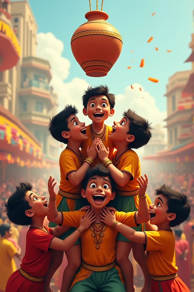 Dahi handi of janmashtami image in 9:16 ratio leave some space at top don't cover much that shows symbolizing unity, strategy, and triumph over challenges.
