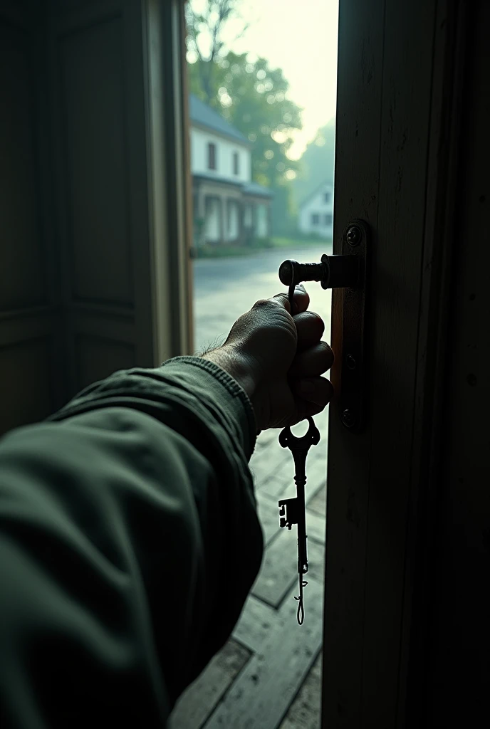 abandoned mansion, first person perspective, only an arm appears opening a door that leads to the street using keys