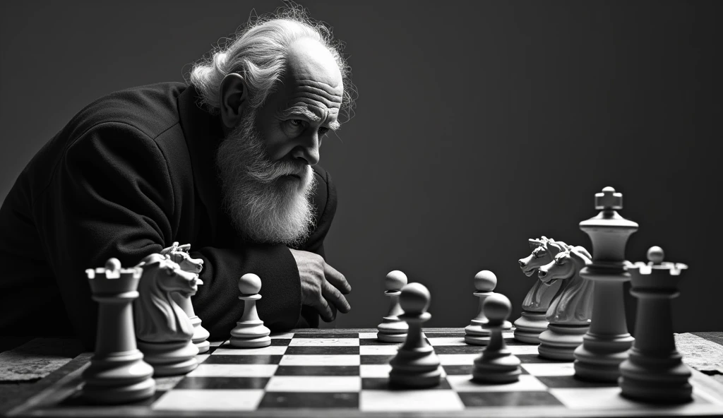 Image of a chessboard with a stoic faced philosopher making a strategic move. Make the theme black and white. Make it vibrant and hyper realistic.