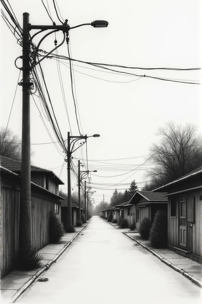 A charcoal drawing art of a street project for street lights, just a normal street lights and simple, make the houses small and the street lights only few