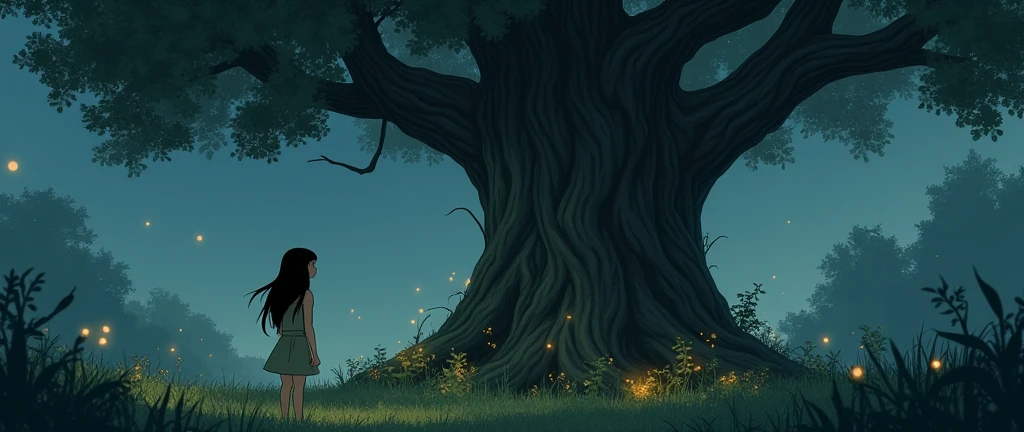 A black hair girl who find a big old three who can speak in the night in 2d animation