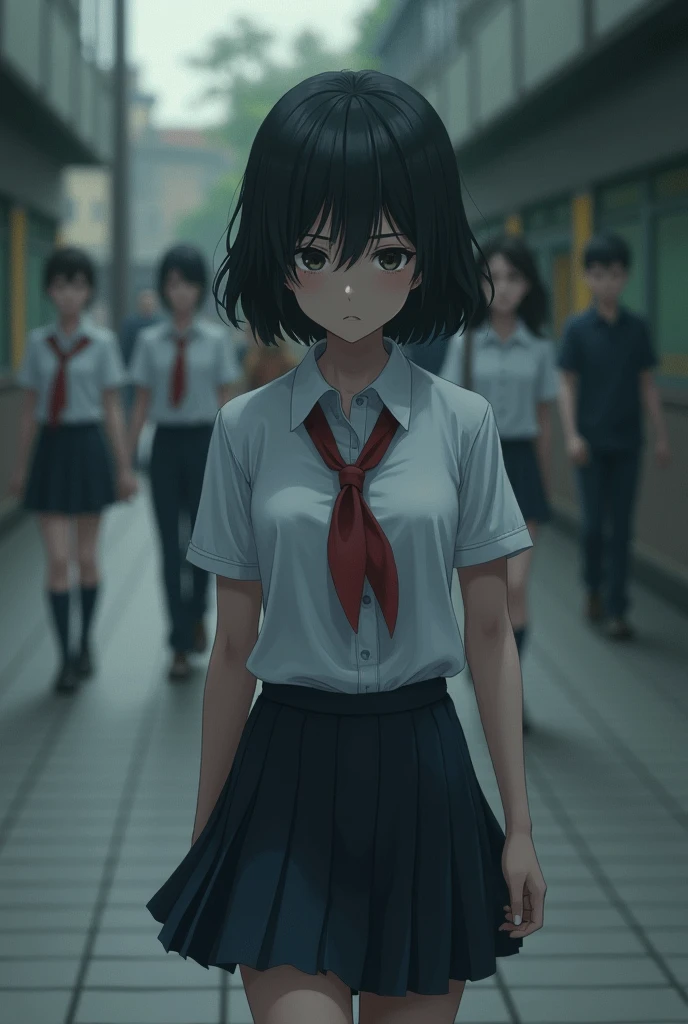 Sad black short hair teen girl in school uniform walking away from her friends.