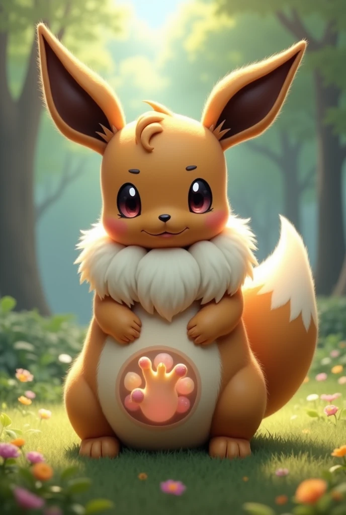 An anthropomorphic pregnant eevee with a huge round belly where the babies kick very visibly, that the belly is the size of two beach balls and that it is the same fur as the eevee