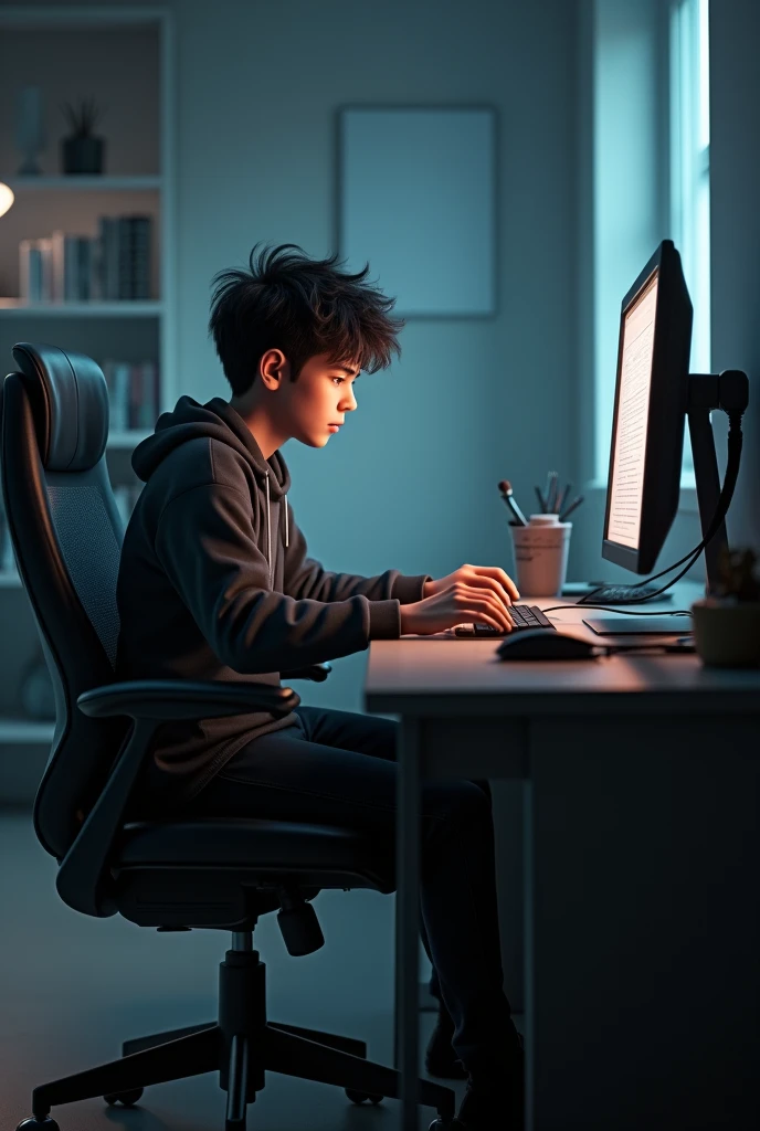 create a 3d realastic image where a young man hacker sitting on chair while working