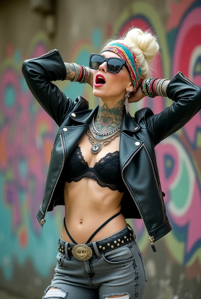 russian old milf woman, blonde platinum hair (bougfant, top bun) and oversized square sunglasses and wide colourful bandana as headband), with very light green eyes, extremely pale. No tan. Wearing aged black moto jacket (zippers on the side, and round plastic badges on collar). Black lace push up bra and visible thong straps,, dark skinny low rise grey jeans with holes on knees ( patched with colourful fabric). White tennis sneakers. Lots of thick wide studded bracelets, chain collars and big rings. Tacky wide studded leather belt with big skull and bones oval buckle. Long earrings with chains and feathers. Standing up, stretching her neck, open mouth. Hands up and touching her hair, Toned abdominals, thin neck, slim legs and thin arms. Narrow hips. Heavily tattooed in colour on chest, hands, neck and arms. Graffitied wall behind