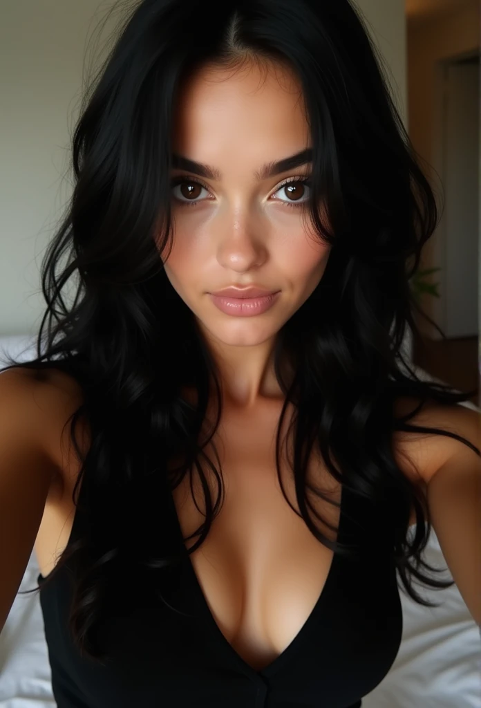 arafed woman with black clothes, sexy girl with brown eyes, portrait sophie mudd, black hair and large eyes, selfie of a young woman, bedroom eyes, violet myers, without makeup, natural makeup, looking directly at the camera, face with artgram, subtle makeup, stunning full body shot, in bedroom, cleavage