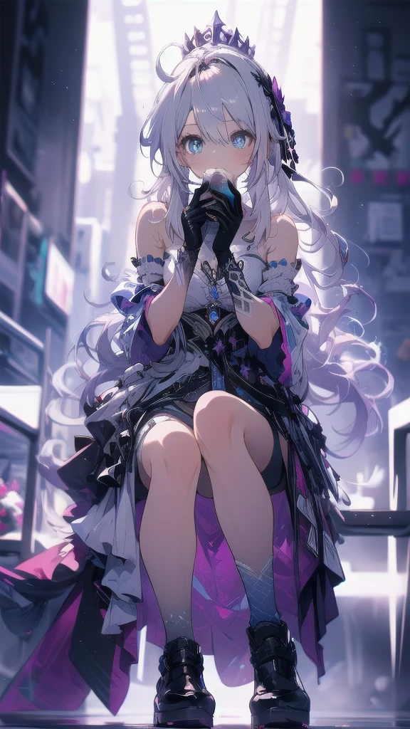 ((full body)),1 person, alone, whole body, (Highest quality,8k,High resolution,masterpiece:1.2),Very detailed,(anime), Lord of the End, Kiana \ (Serious Impact 3)very long white hair, blue eyes, alone, Very detailed顔の特徴, Fine and beautiful eyes, cute, Sitting on the throne，Looking at the audience, Shooting from above, Fantasy Landscape, Bright colors, loose fitting dress, Rich details, Rich environment, Golden Ratio