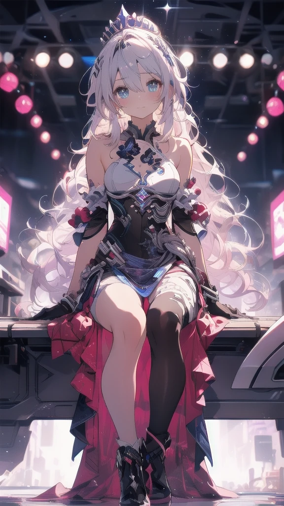 ((full body)),1 person, alone, whole body, (Highest quality,8k,High resolution,masterpiece:1.2),Very detailed,(anime), Lord of the End, Kiana \ (Serious Impact 3)very long white hair, blue eyes, alone, Very detailed顔の特徴, Fine and beautiful eyes, cute, Sitting on the throne，Looking at the audience, Shooting from above, Fantasy Landscape, Bright colors, loose fitting dress, Rich details, Rich environment, Golden Ratio