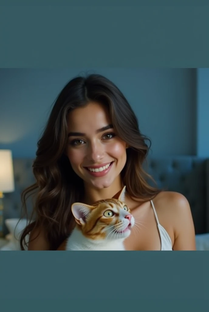 A beautiful women taking selfie with her cat