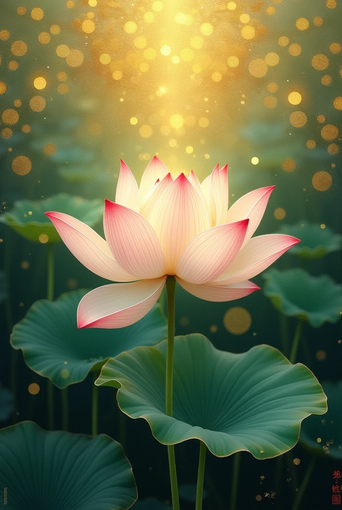 Lotus flower painting、Gold and green background