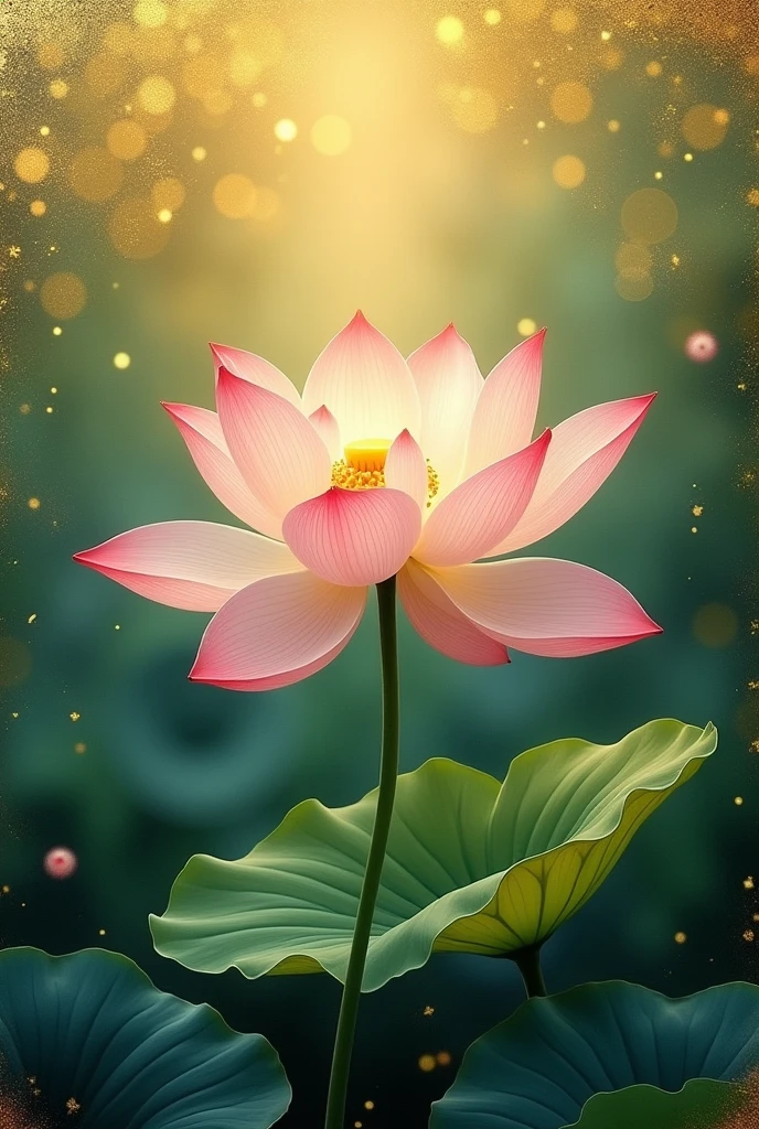 Lotus flower painting、Gold and green background