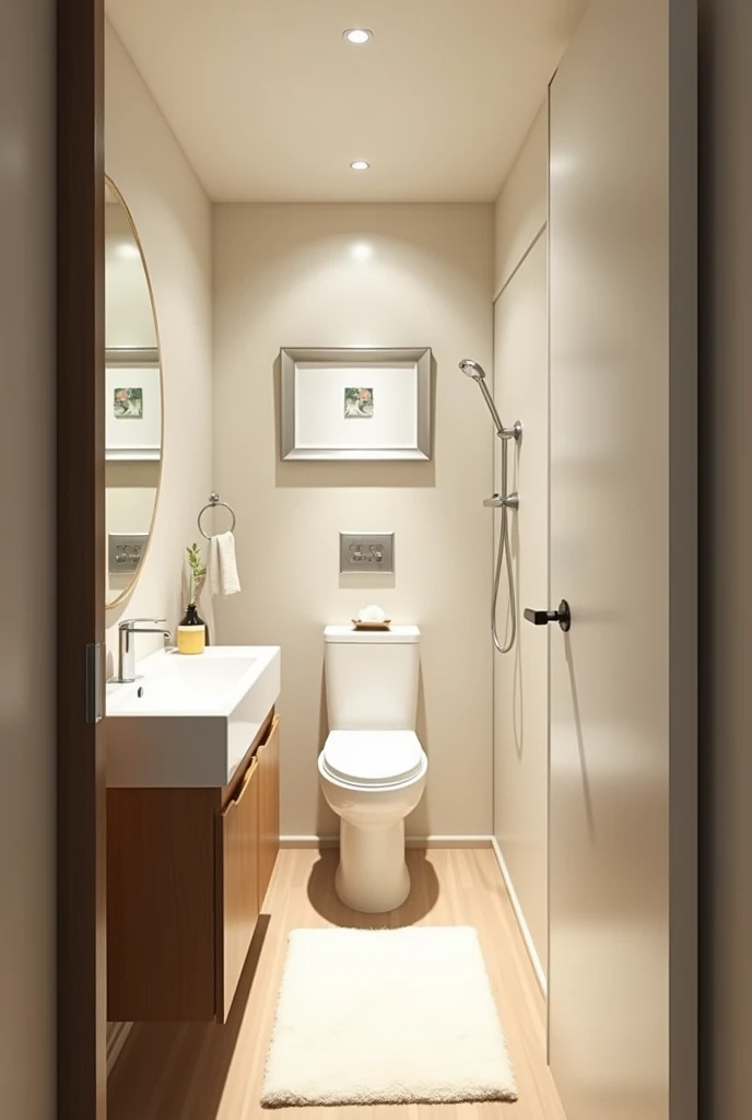 Small bathroom with sliding door. Left hand wash basin with round mirror.
 On the right side the toilet facing the sink. The toilet is not built-in. And I wanted some furniture on top At the bottom, after the toilet and the sink, a shower taking up the entire wall