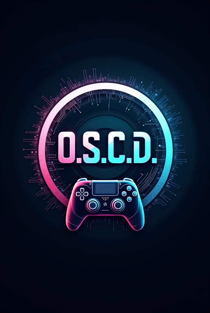 A logo for a digital culture and esports organization called O.s.c.D. I want the organization's letters with a robot theme in the logo/futurista que diga OscD. There must be a circle above the letters, where one half is a digital world and the other a video game controller.