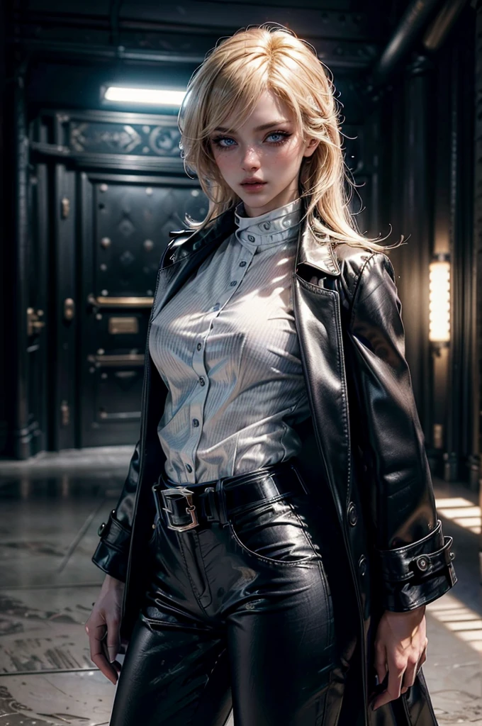 cowboy shot,a pretty 2 girl,blond hair,blue eyes,lora_Emma,slim athletic body,tight and stretched white blouse with buttons,button gap,short sleeves,ultra low rise black shiny latex pants,(double metal belt),empty studiobackground,((black coat on shoulders)),(best quality,4k,8k,highres,masterpiece:1.2),ultra-detailed,(realistic,photorealistic,photo-realistic:1.37),dramatic lighting,cinematic,fashion photography,studio lighting,high contrast,vivid colors,beautiful detailed eyes,beautiful detailed lips,extremely detailed eyes and face,long eyelashes, touching hair