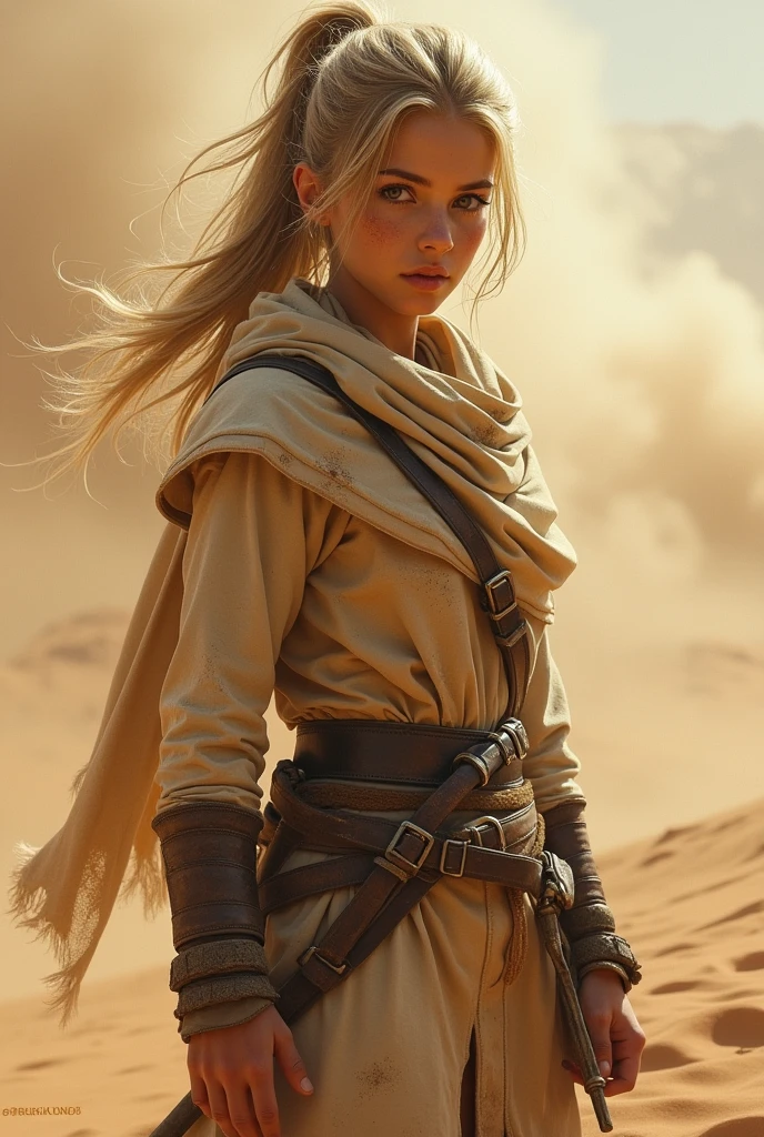 Create a realistic portrait of a young female warrior with sand-colored hair tied back in a loose ponytail, wearing rugged, tattered desert gear. Her eyes are a piercing amber, and her skin is sun-kissed, showing signs of battle with scars and dirt. She stands in a desolate, sandy landscape, with a fierce sandstorm swirling around her. The expression on her face is one of determination and survival, emphasizing her resilience in harsh conditions. The image should focus on the textures of her clothing, the sand, and the intense atmosphere of the desert."
