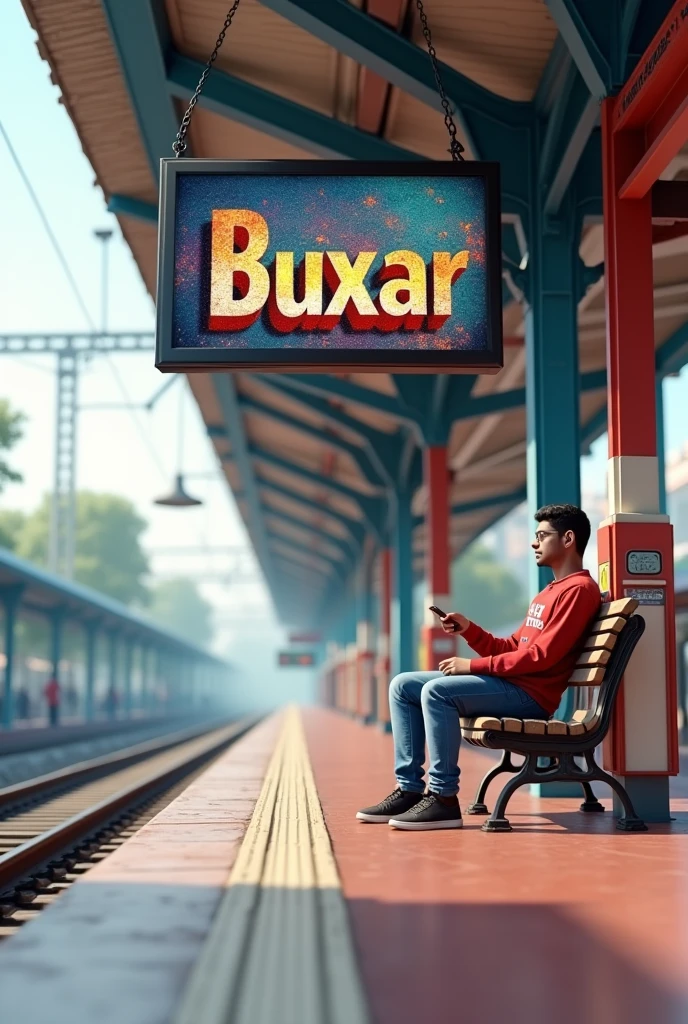 "Design a 3D model of a beautiful railway station named 'Buxar,' with the station's name prominently displayed on both a large TV screen and a traditional board. The architecture should feature a blend of modern and classic styles, with clean lines, detailed structures, and a well-maintained platform. The TV screen should be large and clearly display 'Buxar,' while the board complements it with a bold and clear font. The scene is set in daylight, highlighting the station's vibrant atmosphere and the surrounding tracks." A 21 years boy is waiting for train and sitting on bench with his bag. Boy name is Rahul. Name mention on shirt.