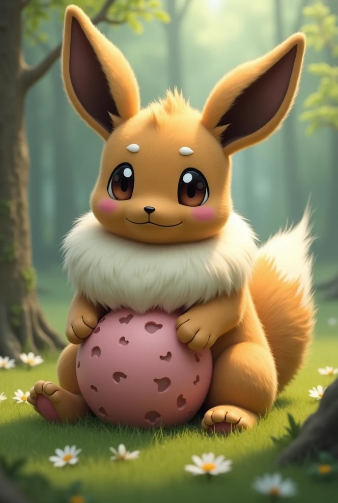 An anthropomorphic pregnant eevee with a huge round belly where the babies kick very visibly, that the belly is the size of two beach balls and that it is the same fur as the eevee
