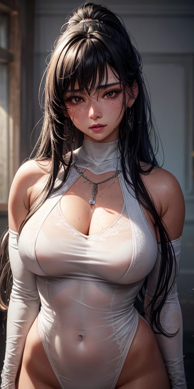 Kaori, Single model, solo, half Asian, half Latino, very long straight black hair, high ponytail, freckles, blushing, wet eyes, long chain pendant, very large heavy breasts, chubby, belly, stretchmarks, (best quality,4k,8k,highres,masterpiece:1.2),ultra-detailed,(realistic,photorealistic,photo-realistic:1.37),detailed portrait, cinematic lighting, natural skin texture, intricate details, dramatic colors, moody atmosphere, heavy eye shadow, mascara, white linen bodysuit