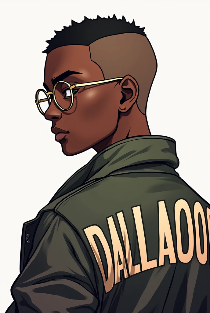 Create an anime drawing with shaved hair wearing circle style glasses with a coat that says DALLA0000 on the back in capital letters, ain't got a lot of hair, he is a young man with black skin, African and shaved cut 