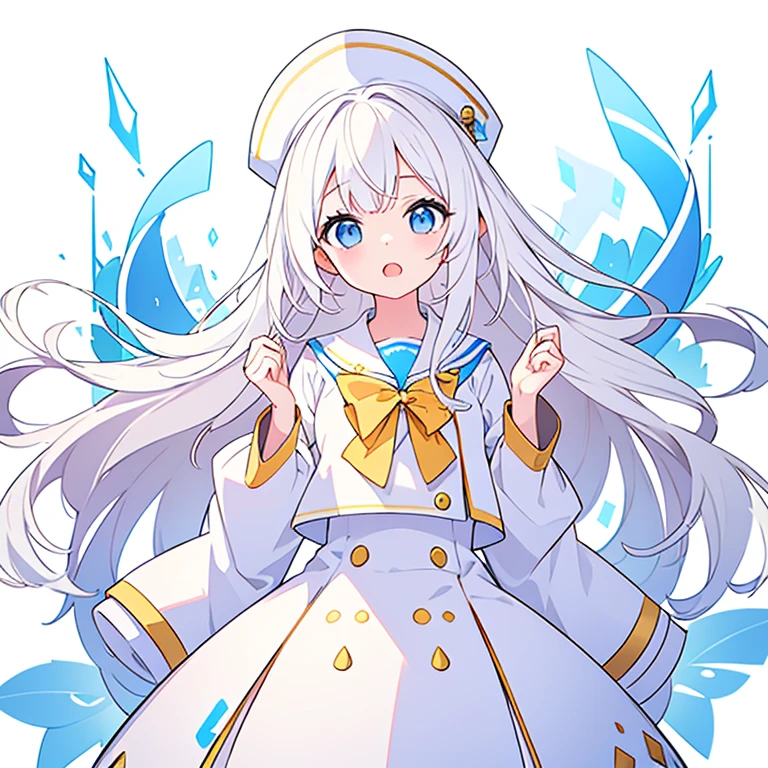 Mouth open、There is a gap on the top of the hat、Pure white background、Standing still、Hands at sides、White hat with gold decoration、Long white hair、Sailor'White uniform