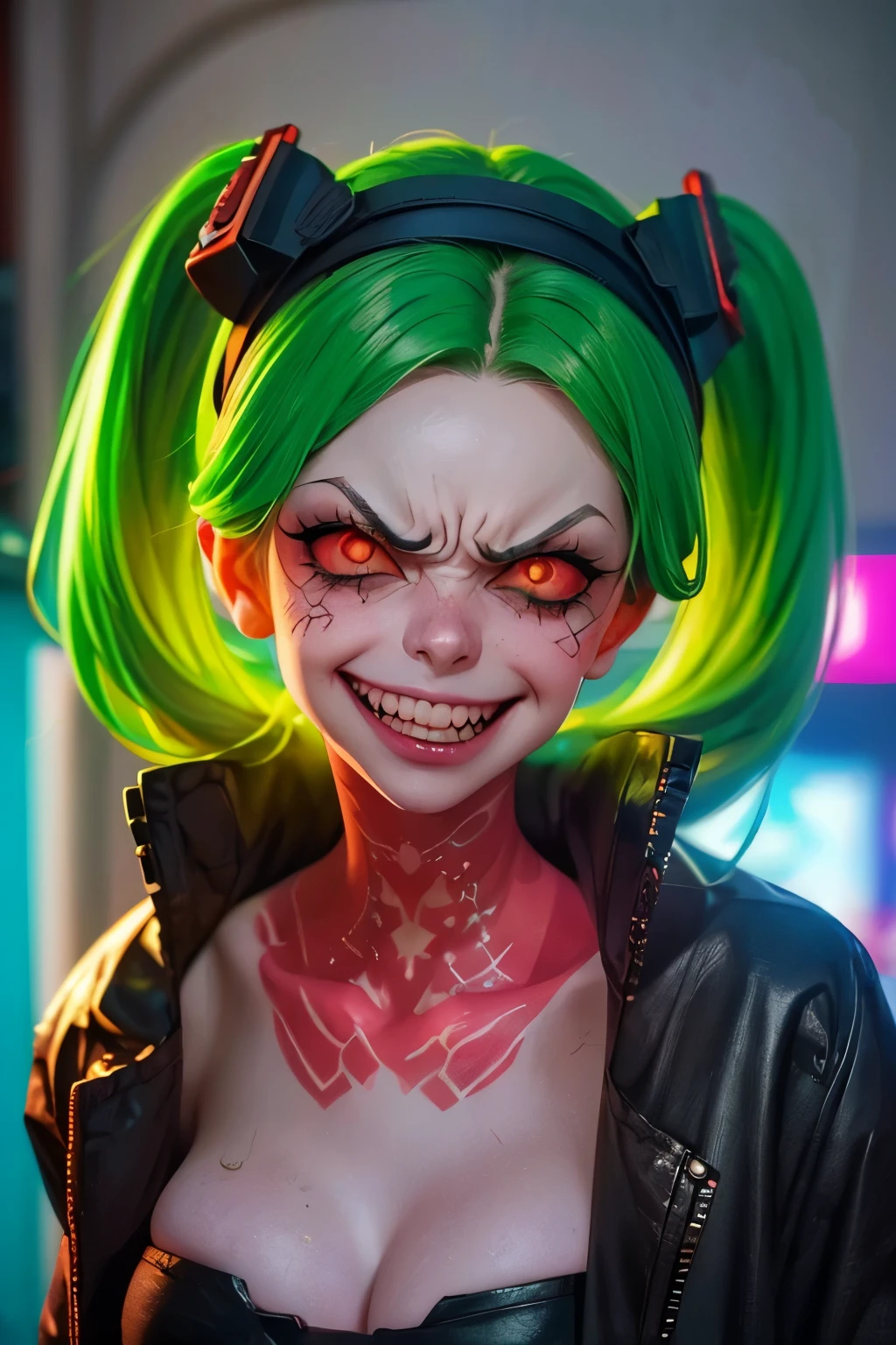 ((Close-up face)). Rebecca, 1girl, young girl, 1 , futuristic cyberpunk, lewd grin, (twin tail, hairband, colored sclera, vampire teeths, red sclera, green hair, green pupils, fang, red eyes, wearing a little sexy clothes, black croped jacket ), ((psycho face, creppy smiling. Angry face )), (((skin texture))), cinematic, ultra highly detailed, beautiful details, vivid, saturated colors, filigree detailed, tiny details, pop surrealism, cowboy shot. ((Blast cyberpunk city background )) 