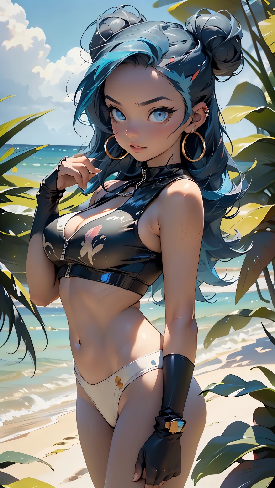 (((Nessa))),(Nessa pokemon),(nessa \(pokemon\)),character_pokemon_nessa,1girl,

(large breasts:1.4),((((single hair bun, (multicolored hair,two-tone hair,blue hair, black hair),very long hair)))),(((blue_eyes:1.3))),intricate eyes,beautiful detailed eyes,symmetrical eyes,big eyes:1.5,((((dark skin,dark-skinned female,black woman, (dark skin woman),lustrous skin:1.5,tanned skin,bright skin: 1.5,skin tanned,shiny skin,very shiny skin,shiny body,Reflective skin)))),(spider lower abdomen,narrow waist,slim waist, wide hip,athletic body,inflated legs,thick thighs,delicate detailed fingers,(detailed face)),beautiful detailed lips, 

cute,slutty,sensual,seductive look,seductive,((erotic)),opulent,sumptuous,((nsfw)),wet, , 

((bath bikini,crop top, bare shoulders,tankini, blue neoprene tankini with white and yellow details,tankini with wave design on the chest and a zipper on the front)), (jewelry,necklace, earrings, hoop earrings,belly chain),(navel),(fingerless gloves),

(shy pose:1.3),looking at viewer,embarrassed,shy,centered,scale to fit dimensions,Rule of thirds,

outdoors, ocean, (ocean in the background),((Sky, Sea, clouds,)), with dark stormy clouds,((beach scenery,intricate scenery)), scenery, extremely scenery, clouds, palm trees, reeds, (sunset, golden hour),

(Glossy pokemon ornaments),highres,sharp focus,(ultra detailed,extremely detailed),(photorealistic artwork:1.37),(extremely detailed CG unity 8k wallpaper),(((vibrant colors,vibrant theme))),(intricate),(masterpiece),(best quality),artistic photography,(photography taken by sldr),(intricate background),perfect rendered face,perfect face details,realistic face,photo realistic,((intricate detail)),(((realism))),
