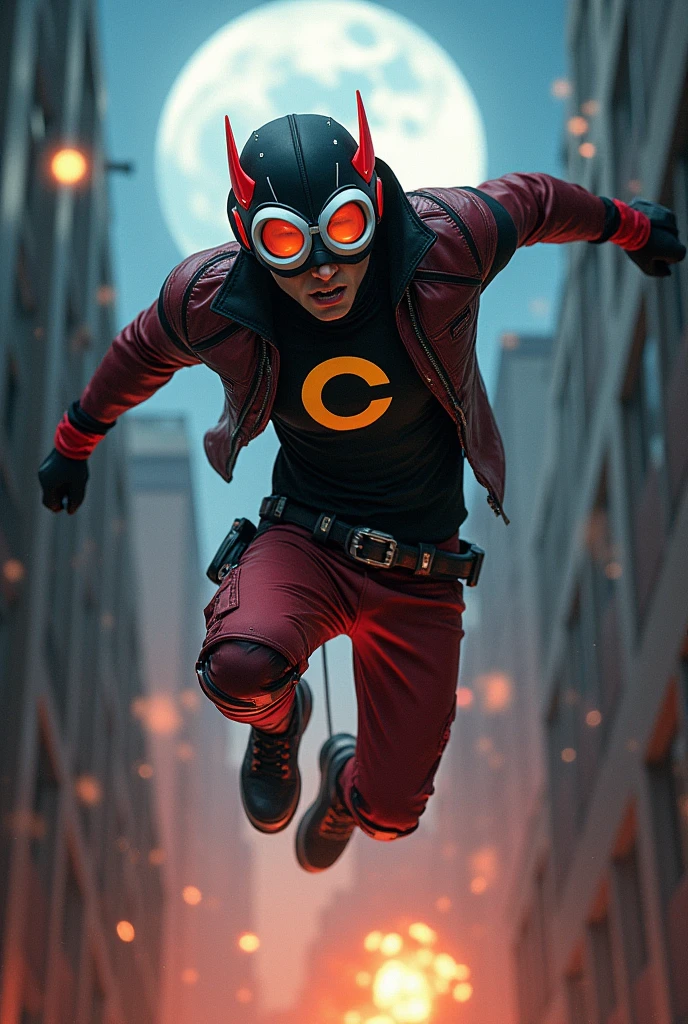Malaysia human man wear helmet domino mask red black color.. White yes.big google glasses . Very athletic body type. logo Big yellow color"C" logo on chest. Very thin.spandex latex No muscle. The daredevil costume. Superhero lizard concept.wear red ear mount.. Man use hanging with hand.((open mouth and nose)). Jacket leather.. cyberpunk design.pad Big shoulder. Hang out on bar . Bombing effect background. Jumping with two Hands up . Red cargo pant, high tech belt detail. Jump from top building Background city. At night big moon shoot. Very style jump pose. Side between wall. Marvel. Xmen . Hand holding long rope.