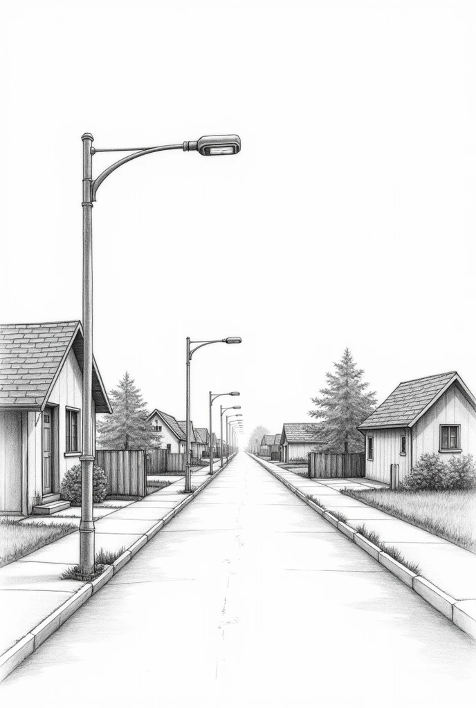 A pencil drawing art of a street project for street lights, just a normal street lights that is easy to draw and make it simple, make the houses small and the street lights only few