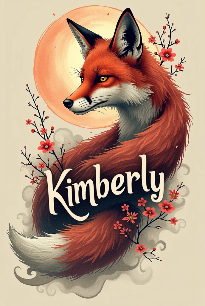 A tattoo with the name Kimberly but that works with a drawing of a fox from Japanese mythology