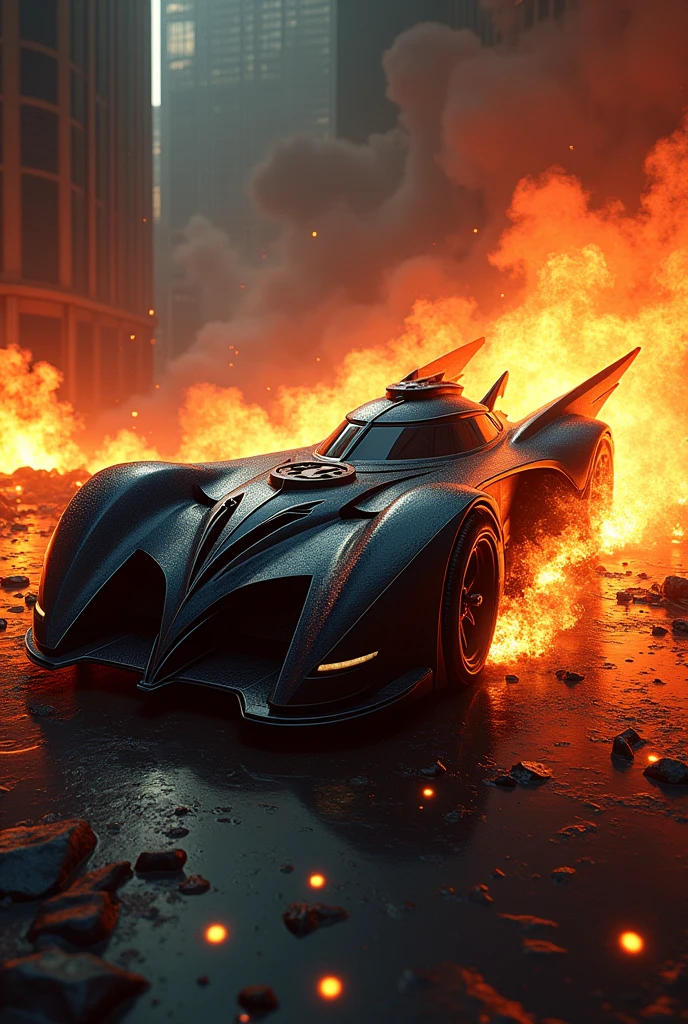 A stunning, hyper-realistic digital art of back with real flames of black Batmobile, detailed and intricate background with a cinematic poster cartel by DC comic cover comics by Artgerm Lau, art by Artgerm cover comic by 90s artgerm art cover to DC comics, a mix of toon anime and hyper-realism, best quality,4k,8k,highres,masterpiece:1.2,ultra-detailed,realistic,photorealistic,photo-realistic:1.37,HDR,UHD,studio lighting,ultra-fine painting,sharp focus,physically-based rendering,extreme detail description,professional,vivid colors,bokeh,portraits,photography,concept artists