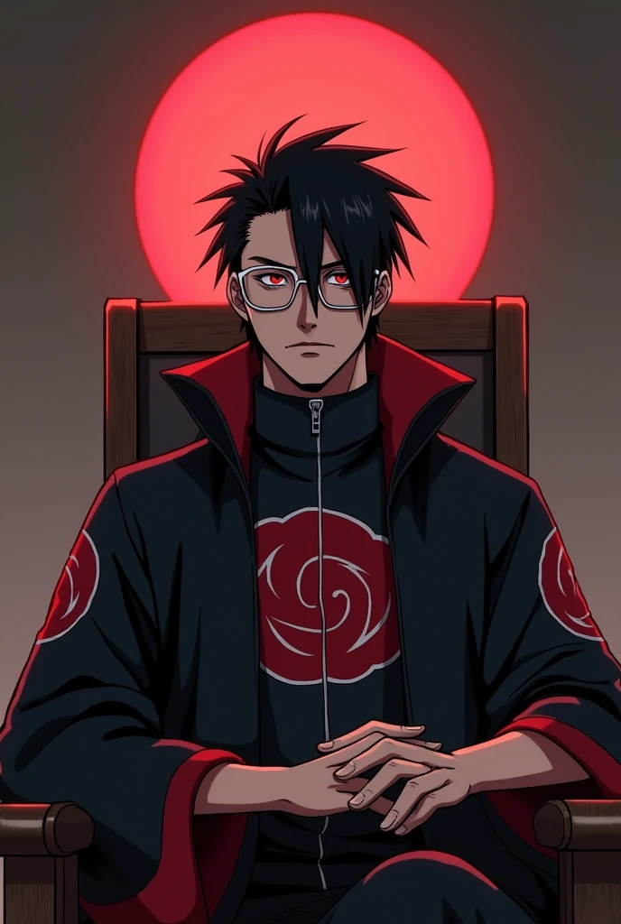A handsome muscles guy who is sitting on a chair in front of desk has a white glasses and mangekyo sharingan also wearing akatsuki clan's uniform of naruto anime and has a small suitable black hair