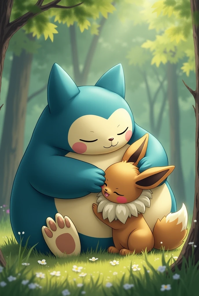 Snorlax and Eevee hugging